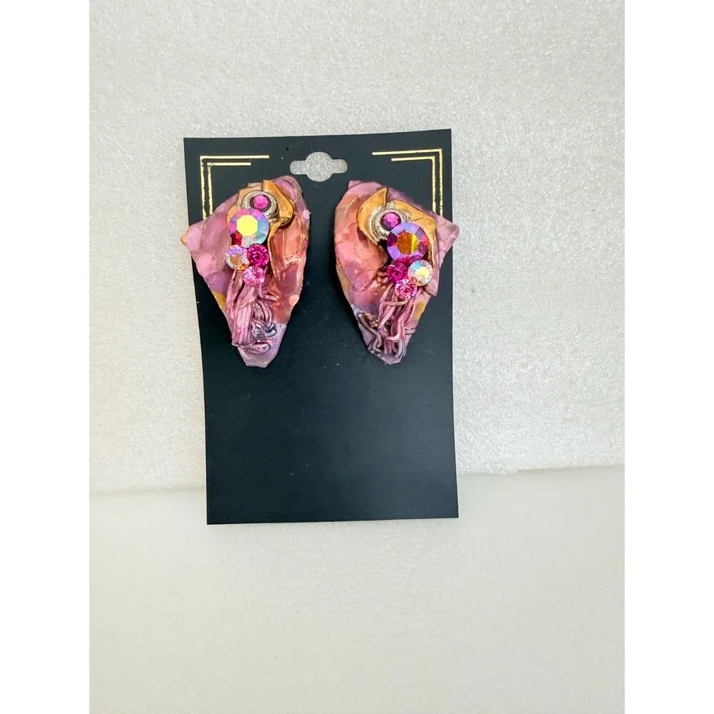 Vintage 1988 Lacombe Signed Abstract Mixed Media Clay Rhinestone Clip On Earring